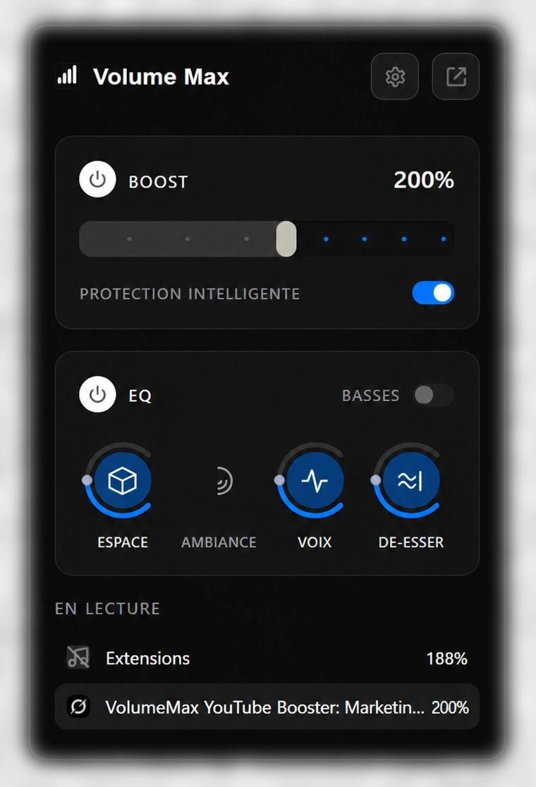 VolumeMax extension popup in active state with blue accent styling