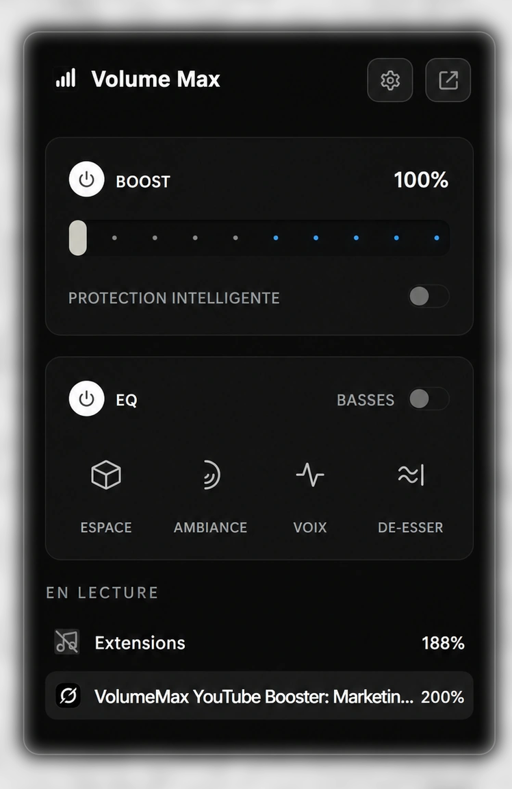 VolumeMax extension popup in inactive state with boost slider at 100%